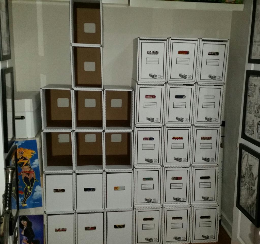 A wall of comic storage boxes